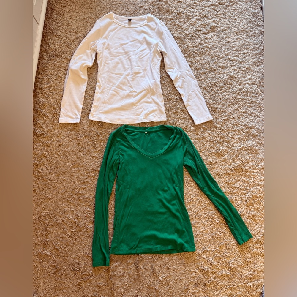 Green and White Long Sleeve Tops